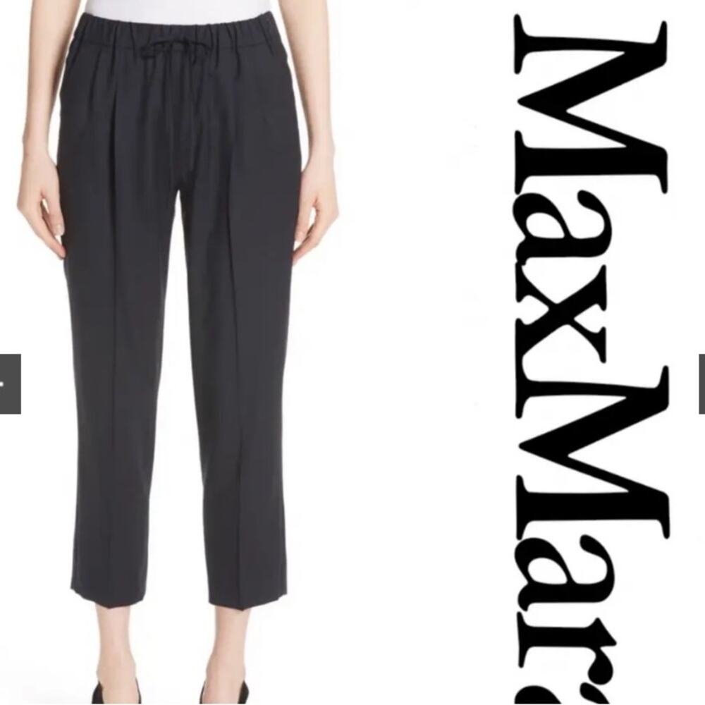 MaxMara Wool Trousers Drawstring Navy Blue Size 8